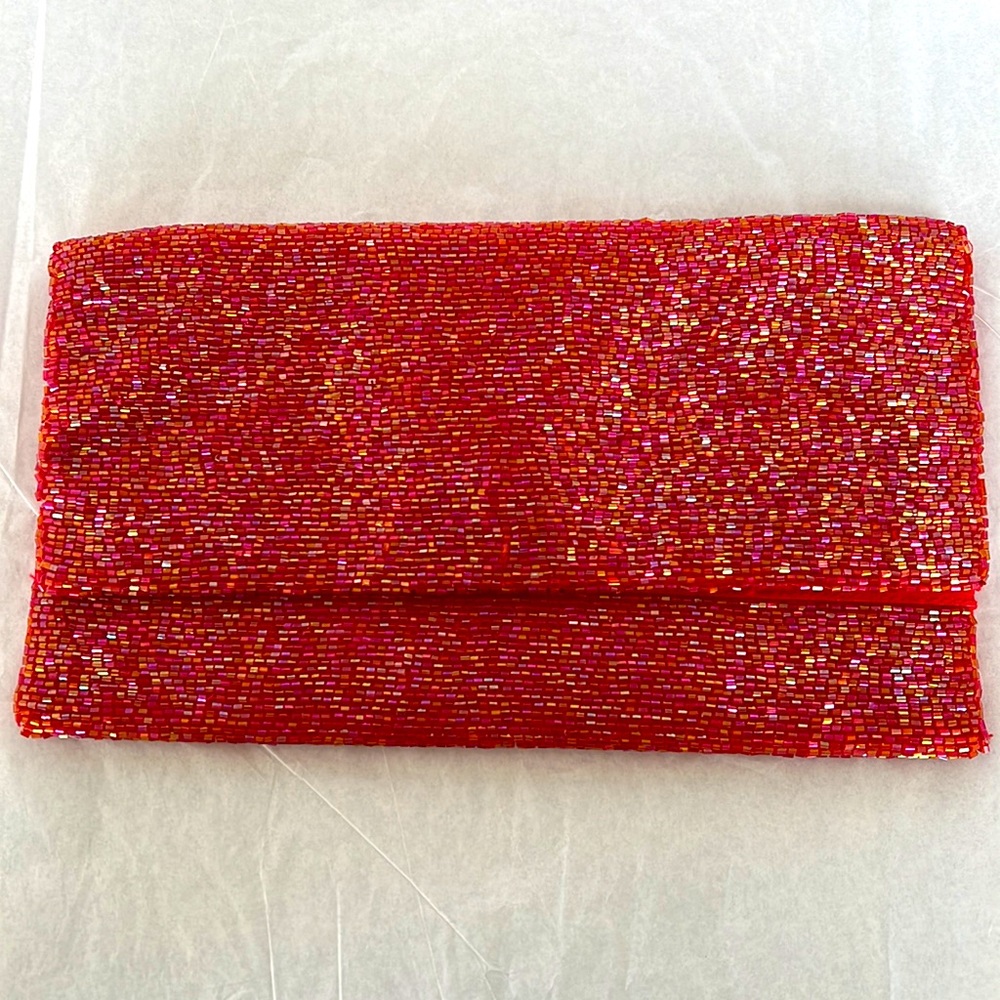 LULU envelope beaded clutch red-orange irredentist beads. NEW with small defect.
